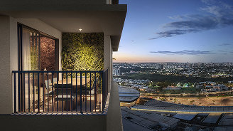 Vista aérea a partir da varanda de um apartamento de 99 m² do Etéra Home