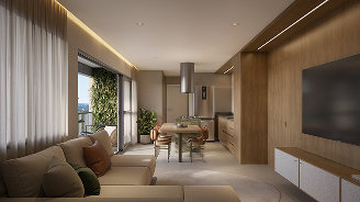 Perspectiva ilustrada do living com varanda do apartamento de 102 m² do Etéra Home
