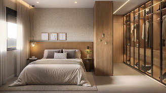 Perspectiva ilustrada da suíte master do apartamento de 102 m² do Etéra Home