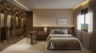 Perspectiva ilustrada da suíte master do apartamento de 99 m² do Etéra Home