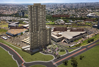 Vista aérea do Etéra Home e do entorno, com Leroy Merlin, Parque da Gávea, Novotel, Uberlândia Shopping e Sam's Club sinalizados