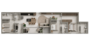 Planta humanizada do apartamento de 104m², com 3 suítes em planta borboleta