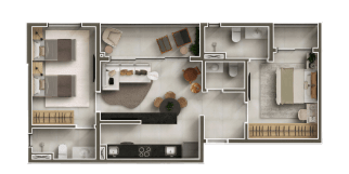 Planta humanizada do apartamento de 73m², com 2 suítes em planta borboleta