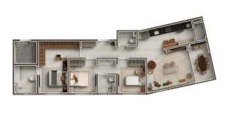 Planta humanizada do apartamento de 99m², com 1 suíte e 2 demi-suítes